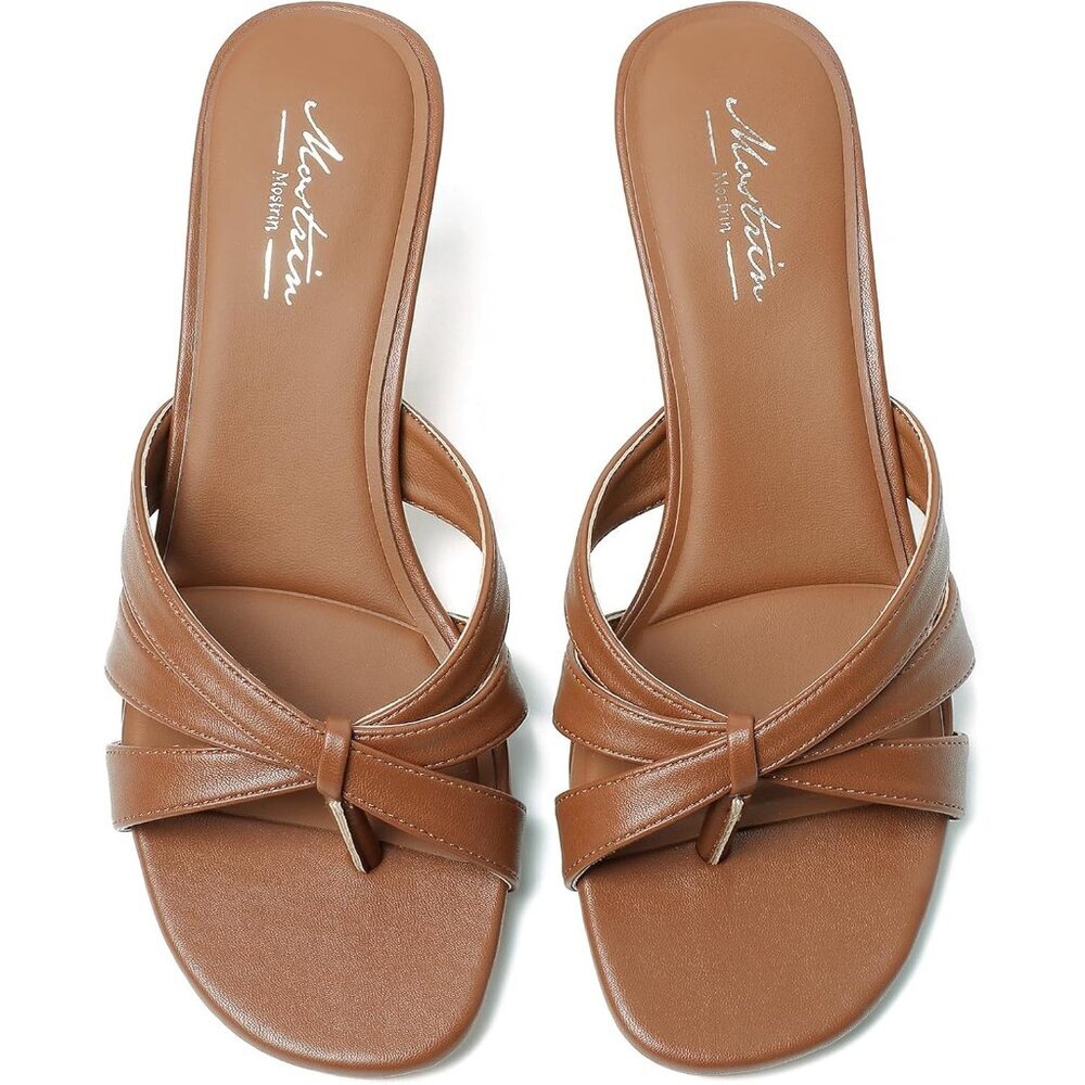 Mostrin Women's Brown Strappy Kitten Round Open Toe Fashion Thong Heeled Sandals - Picture 3 of 9